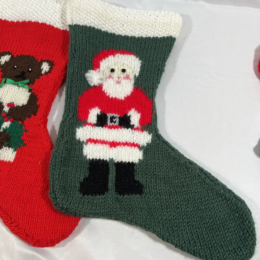 Vintage Lot of 4 Handmade Knit Christmas Stockings Santa Bear Snowman Shepherd